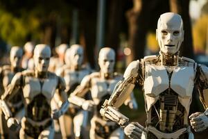 mannen rennen Leuk vinden robots in kostuums doen alsof naar worden androïden foto