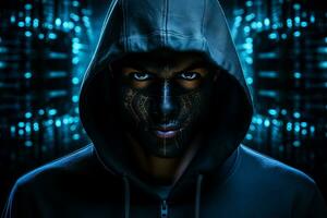 cyberveiligheid hacker met een verborgen gezicht vervelend een capuchon in een technologie-thema behang foto