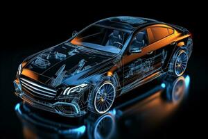 zwart achtergrond 3d illustratie van wireframe modern auto met high Tech gebruiker koppel details foto