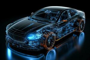 zwart achtergrond 3d illustratie van wireframe modern auto met high Tech gebruiker koppel details foto