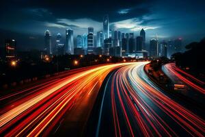 lang blootstelling vangt de betoverend lichten van auto's het rijden Bij nacht foto