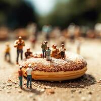 sociaal structuren donut met marshmallows en klein mensen, ai gegenereerd foto