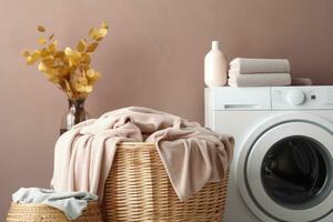 het wassen machine en handdoeken in een mand foto