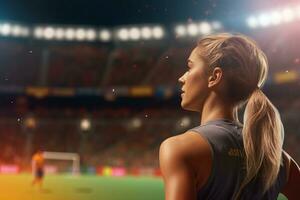 detailopname van een Dames wereldbeker Amerikaans voetbal nacht wedstrijd, generatief ai foto