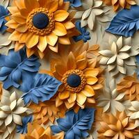 3d achtergrond van zonnebloemen met bladeren wijnoogst patroon, ai gegenereerd foto