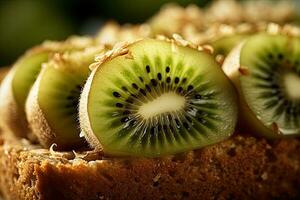 kiwi geroosterd brood, macro schot van een vers ontbijt met druipend honing, ai gegenereerd foto