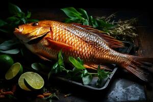 geheel vis met een gegrild huid Arabisch voedsel generatief ai foto