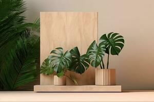 houten Product Scherm podium met wazig natuur bladeren Aan groen achtergrond 3d renderen foto