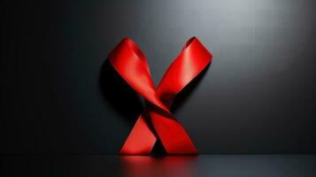 rood lint Aan donker achtergrond, wereld AIDS dag, concept van helpen die in nodig hebben, generatief ai illustratie foto