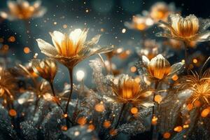 gouden bloemen in vol bloeien met deeltjesai technologie ai gegenereerd foto