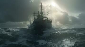 schip in de stormachtig zee met reusachtig golven. reusachtig stormachtig golven in de oceaan en boot. gegenereerd ai. foto