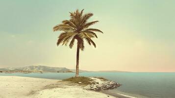 palm boom Aan de zand van de strand. vakantie tafereel met palm Aan de kust lijn. generatief ai. foto