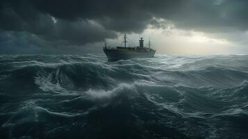 schip in de stormachtig zee met reusachtig golven. reusachtig stormachtig golven in de oceaan en boot. gegenereerd ai. foto