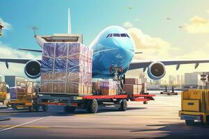 logistiek en vervoer van goederen door vlak in de luchthaven. 3d weergave, vliegtuig lading vervoer door vlak, lossen containers van dozen Bij de luchthaven, ai gegenereerd foto