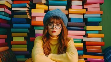 schattig meisje met bril zittend omringd door de boeken. boeken in de omgeving van de schoolmeisje in kleurrijk tafereel. gegenereerd ai. foto