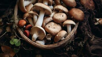 generatief ai, vers verschillend paddestoelen, herfst oogst, esthetisch gedempt neutrale kleuren foto