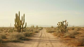 generatief ai, eenzaam weg in de woestijn, stijlvol, gedempt neutrale kleuren, cactussen planten foto