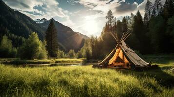 generatief ai, camping buitenshuis concept in de buurt de meer of rivier, toerist kamp Aan de mooi groen landschap met bergen foto