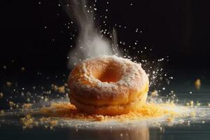 donut expressief schot met topping en suiker poeder plons. smakelijk donut voedsel styling afbeelding. generatief ai. foto