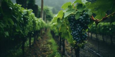 generatief ai, mooi Italiaans wijngaard, groen landschap. rijen van wijnstokken Aan zonsondergang foto