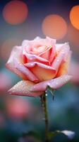 verbijsterend macro schot van een met dauw gekust roos in vol bloeien met dromerig wazig achtergrond en kopiëren ruimte ai generatief foto
