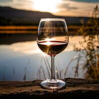 detailopname van glas van rood wijn reflecterend wijngaard landschap aanbieden sereen sfeer ai generatief foto