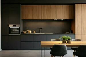 keuken fornuis kap met magnetronoven houten decor. genereren ai foto