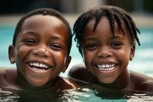 gelukkig zwart kinderen zwembad. genereren ai foto