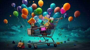 supermarkt kar met vol van kleurrijk ballonnen foto