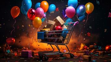 supermarkt kar met vol van kleurrijk ballonnen foto