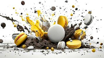 explosie van macarons, zwart en wit, een is kleur geel, wit achtergrond ai gegenereerd foto