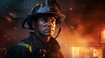 een moedig brandweerman tegen de backdrop van een brandend gebouw. foto