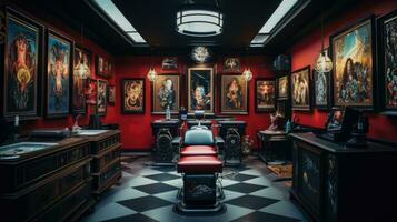 modern en creatief tatoeëren salon met een stoel. brutaal interieur ontwerp foto