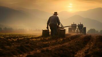 boer met trekker voorbereidingen treffen land- voor zaaien gewassen Bij zonsondergang foto