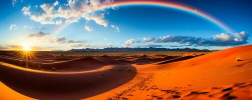 levendig regenboog bogen sierlijk over- gouden zand duinen creëren een surrealistische en betoverend contrast in de woestijn landschap foto