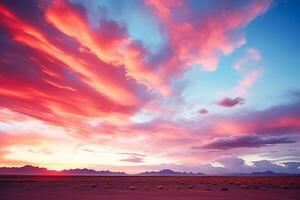 een verbijsterend zonsondergang verlicht regenboog wolken over- enorm woestijn landschappen met een expansief achtergrond voor tekst plaatsing foto