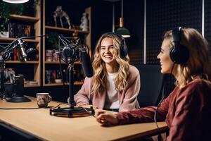 vrouw podcaster in opname studio ai gegenereerd foto