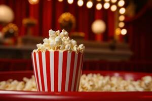 een popcorn gestreept papier zak in een theater omringd door lichten foto