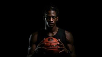 Afrikaanse Amerikaans mannetje basketbal speler Holding bal Aan zwart achtergrond in studio foto