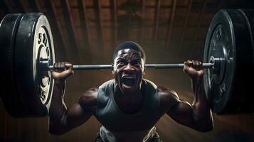 portret van een jong Afrikaanse Amerikaans Mens hijs- een barbell foto