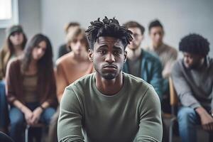 depressief jong Mens in ondersteuning groep ai gegenereerd foto