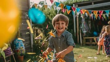 jongen raken de pinata Bij een verjaardag partij ai gegenereerd foto