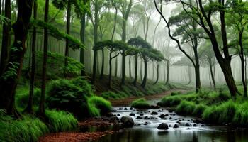 mini rivier- in de groen Woud nevelig ochtend- bomen voor achtergrond gemaakt met ai generatief foto