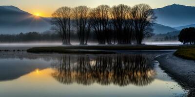 geweldig landschap reflectie in voorjaar zomer sereen water Bij zonsopkomst. ai generatief foto