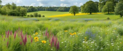 landschap concept achtergrond mooi weide velden in zomertijd gemaakt met ai generatief foto