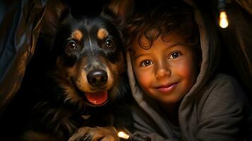 selfie foto van een weinig jongen met zijn hond . generatief ai