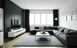 minimalistische leven kamer interieur binnen- Scherm door schijnend helder zonlicht van de venster. ai generatief foto
