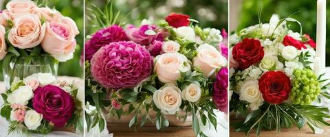 bruiloft concept achtergrond assortiment mooi collage bloemen decor in luxe milieu gemaakt met ai generatief foto