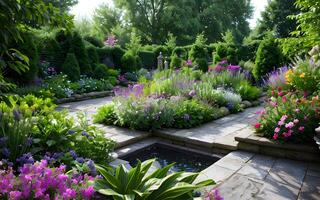 sereen voorjaar zomer bloemen tuin omgeving. ai generatief foto