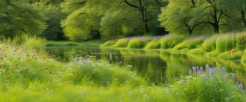 landschap concept achtergrond mooi weiden en natuurlijk vijver in zomertijd gemaakt met ai generatief foto